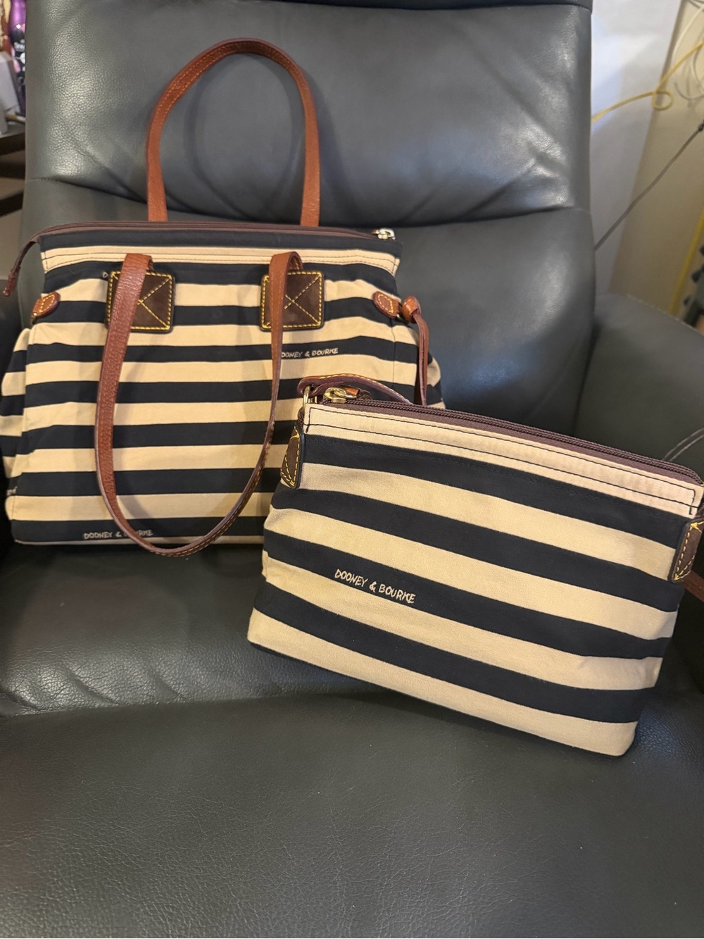 Dooney & Bourke Navy and Tan Striped Tote with Matching Pouch